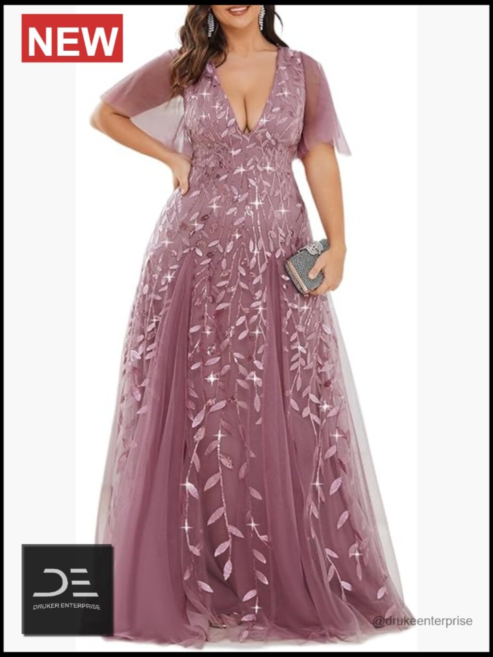 Plus-Size Mauve Embroidered Tulle Evening Gown